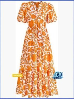 Polyester Maxi Dress with Pockets, V-Neck, Puff Sleeves, Floral Boho